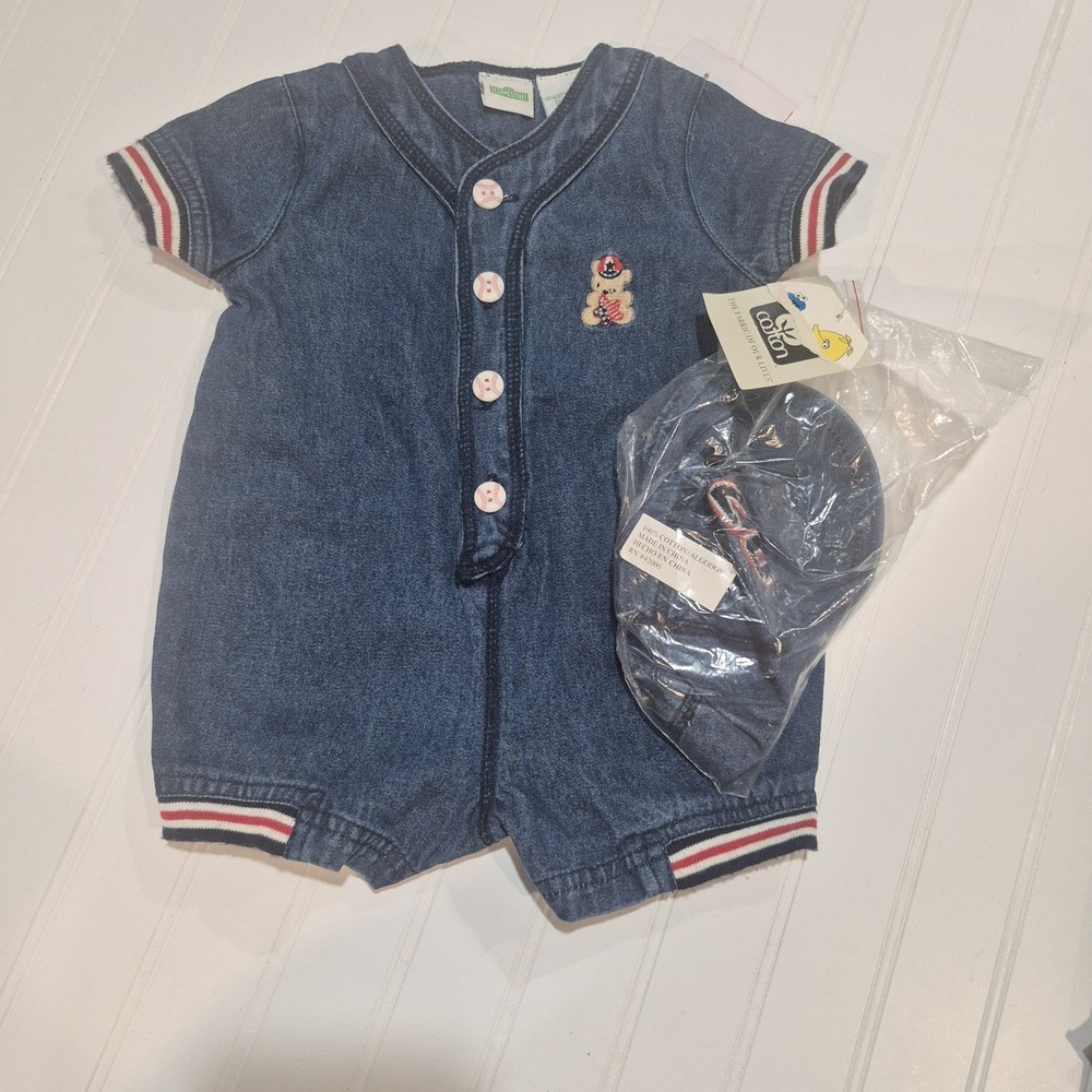 Vintage Sesame Street Denim Baseball Romper Size 3/6 Months With Hat NOS